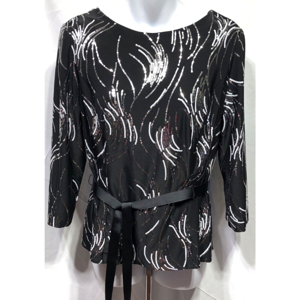 Alex Evening Silky Top Blouse L Blk Sequins Ribbon Belt 3/4 Sleeve Cocktail Glam